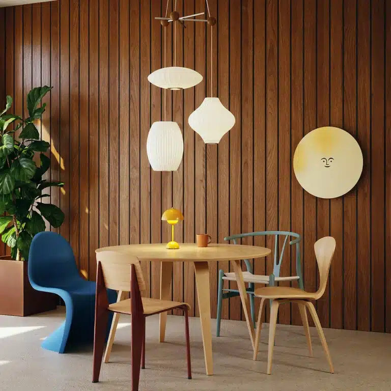 Cozy modern dining nook with a round wooden table, assorted chairs, and warm pendant lights against a vertical wood-paneled wall.