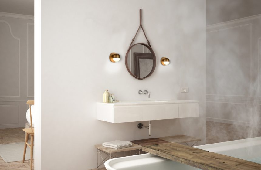 Scandinavian bathroom, white minimalistic design, hotel spa resort